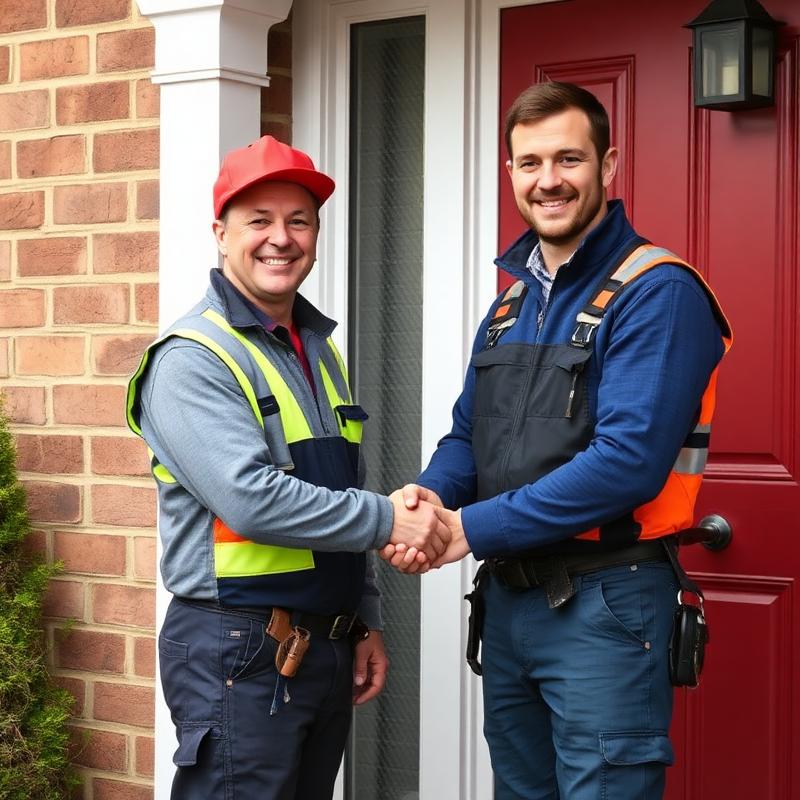 Tradesperson shaking hands with a homeowner at the front door